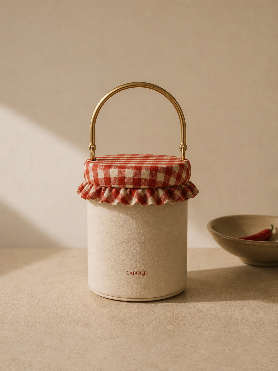 Sac pot LABOUJI vichy rouge à anse laiton — clin d'œil méditerranéen, capsule confiture